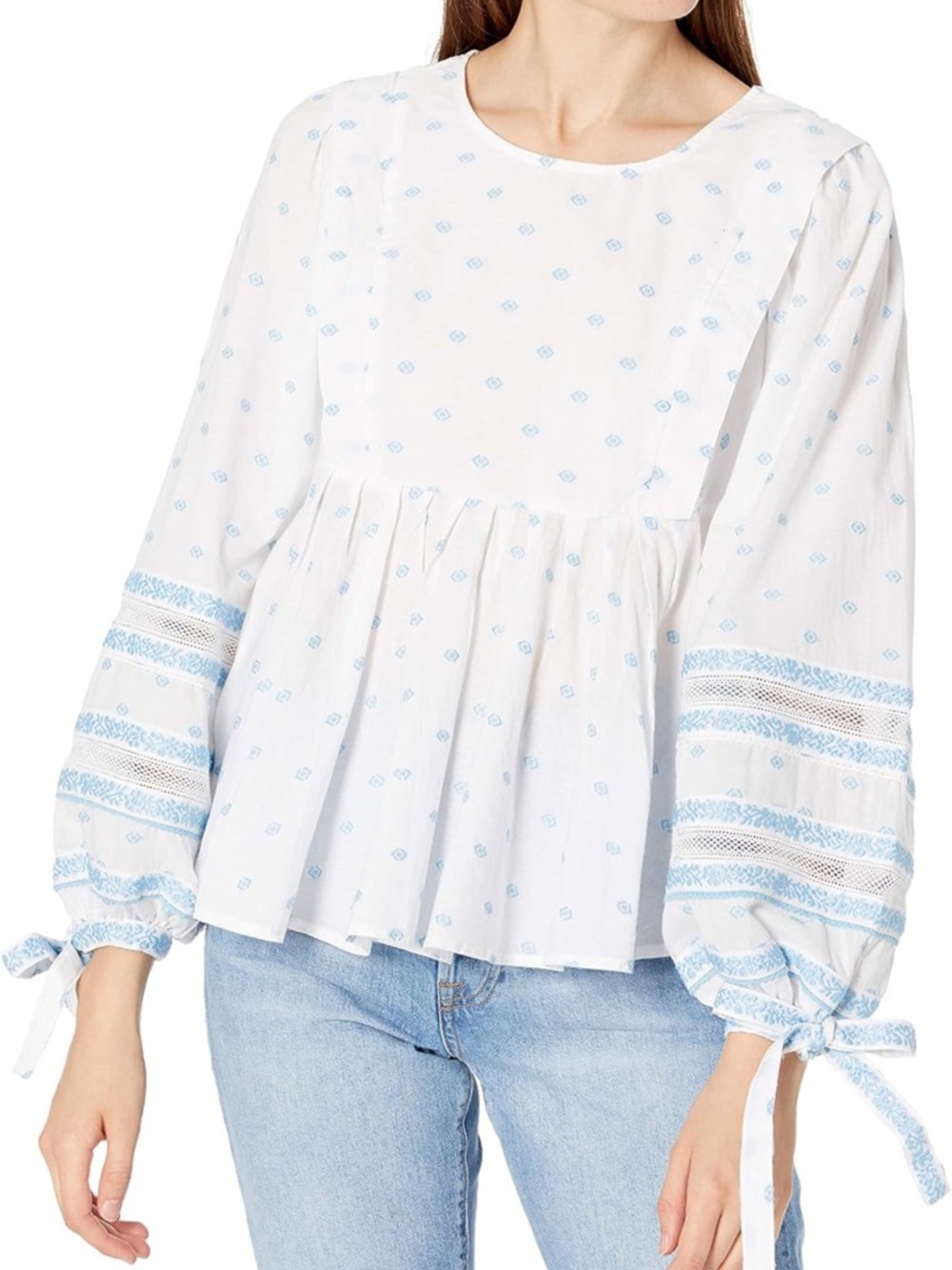 Ella Moss White Peplum Blouse with Light Blue Embroidery